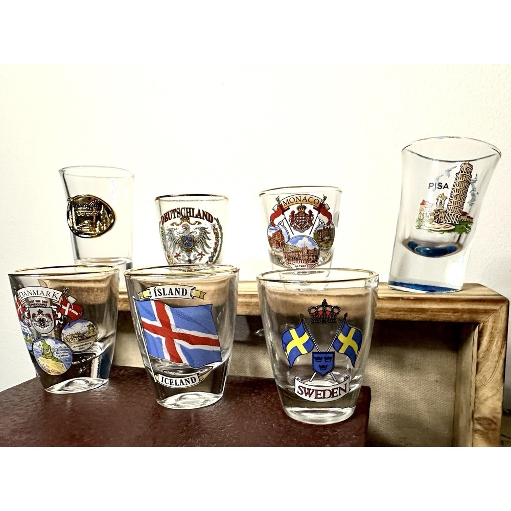 Vintage Shot Glasses Travel Souvenirs Europe Asia Set of 7 Gold Rimmed 70s 80s